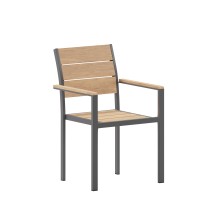 Flash Furniture SB-CA108-WA-NAT-GG Stackable Metal Patio Chair with Arms and Faux Teak Poly Slats, Natural/Gray