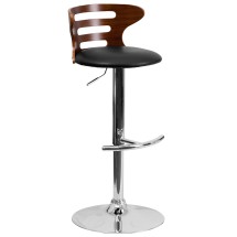 Flash Furniture SD-2019-WAL-GG Walnut Bentwood Adjustable Height Barstool with Three Slot Cutout Back and Black Vinyl Seat