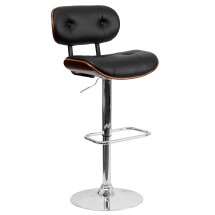 Flash Furniture SD-2228-WAL-GG Walnut Bentwood Adjustable Height Barstool with Button Tufted Black Vinyl Seat