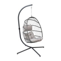 Flash Furniture SDA-AD608001-GY-GG Patio Hanging Wicker Egg Chair with Cushions & Swing Stand, Gray Frame/Gray Cushions