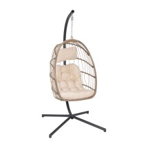 Flash Furniture SDA-AD608001-NAT-GG Patio Hanging Wicker Egg Chair with Cushions & Swing Stand, Natural Frame/Cream Cushions