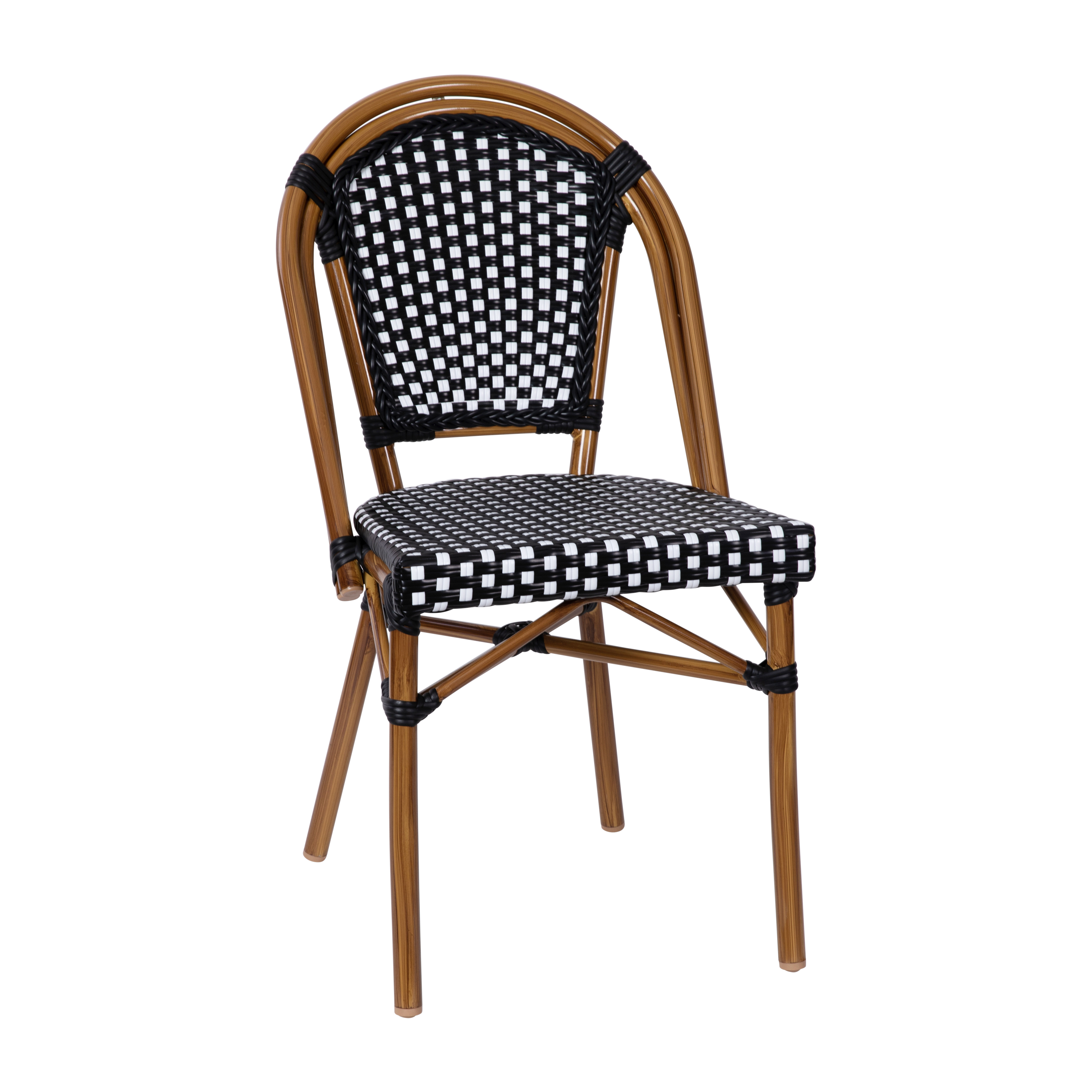Flash Furniture SDA-AD642001-BKWH-NAT-GG Indoor/Outdoor Black/White PE Rattan French Bistro Stack Chairs, Natural Bamboo Print Aluminum Frame 
