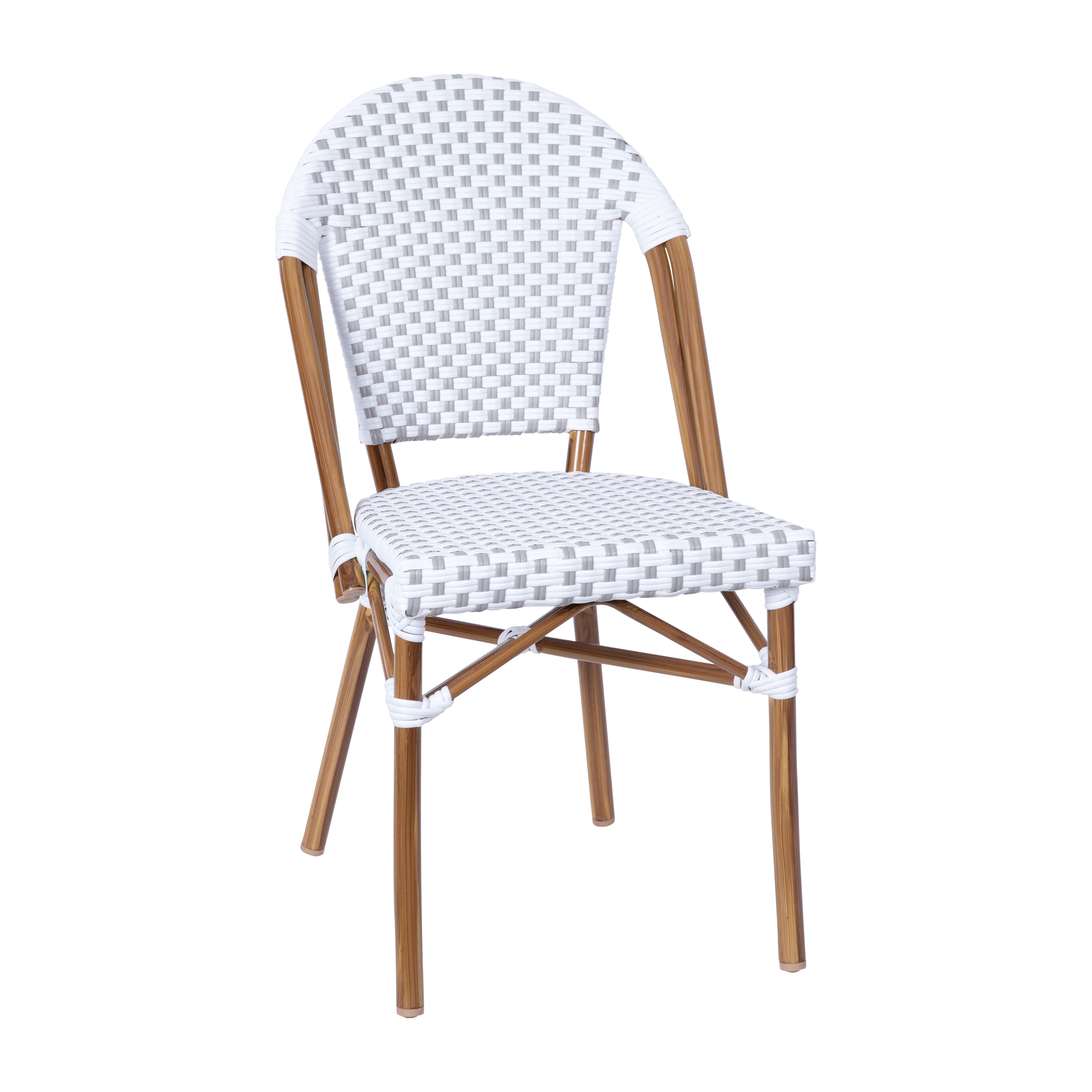Flash Furniture SDA-AD642001-F-WHGY-NAT-GG Indoor/Outdoor French Bistro Stacking Chair, White and Gray PE Rattan, Natural Finish