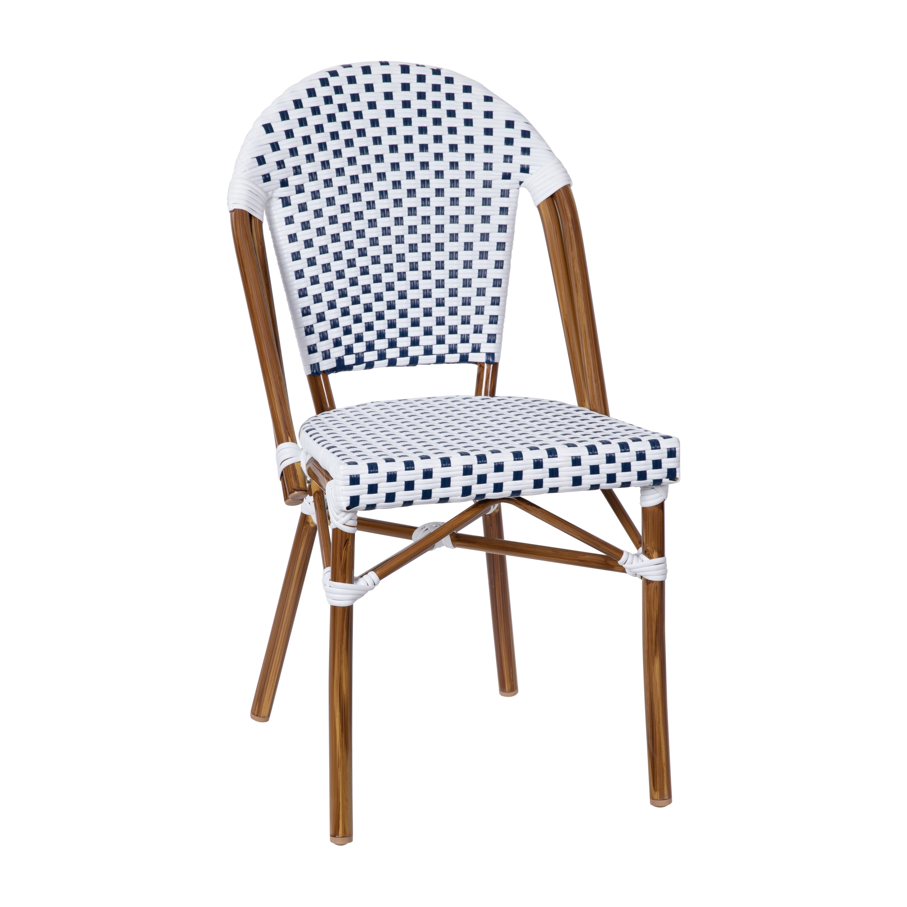 Flash Furniture SDA-AD642001-F-WHNVY-NAT-GG Indoor/Outdoor French Bistro Stacking Chair, White and Navy PE Rattan, Natural Finish