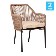 Flash Furniture SDA-AD892006-NAT-2-GG K Set of 2 All-Weather Natural Woven Stacking Club Chairs with Ivory Cushions