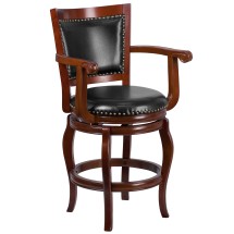 Flash Furniture TA-2125-24-CHY-GG 26''H Cherry Wood Black LeatherSoft Swivel Counter Height Stool with Arms