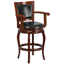 Flash Furniture TA-21259-CHY-GG 30&quot;H Cherry Wood Black LeatherSoft Swivel Barstool with Arms