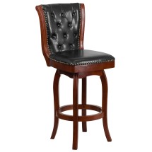 Flash Furniture TA-240130-CHY-GG 30&quot;H Cherry Wood Black LeatherSoft Swivel Tufted Barstool