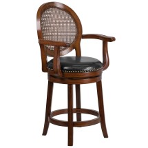 Flash Furniture TA-550426-E-CTR-GG 26''H Expresso Wood Rattan Back Black LeatherSoft Swivel Counter Height Stool with Arms