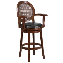Flash Furniture TA-550430-E-GG 30&quot;H Expresso Wood Rattan Back Black LeatherSoft Swivel Barstool with Arms