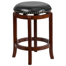 Flash Furniture TA-68924-LC-CTR-GG 24&quot;H Backless Light Cherry Wood Black LeatherSoft Swivel Counter Height Stool