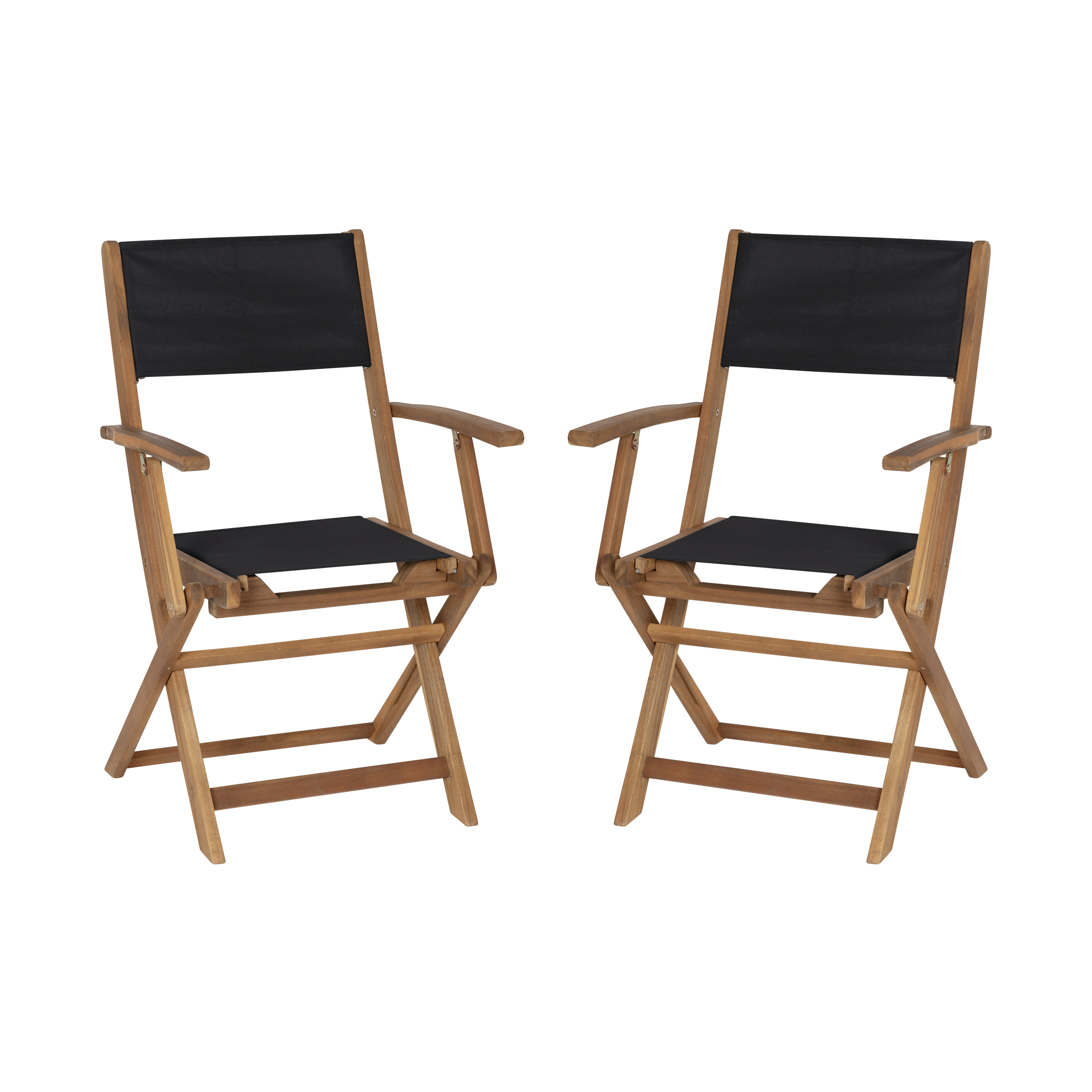 Flash Furniture THB-AC4854-NAT-GG Folding Acacia Wood Patio Bistro Chair with Arms, Black Textilene Back and Seat, Set of 2