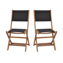 Flash Furniture THB-C4854-NAT-GG Folding Acacia Wood Patio Bistro Chair with Black Textilene Back and Seat, Set of 2