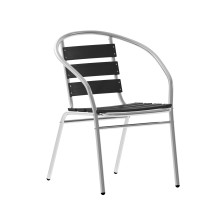Flash Furniture TLH-017W-BK-GG Metal Indoor/Outdoor Restaurant Stack Chair with Triple Slat Black Faux Teak Back