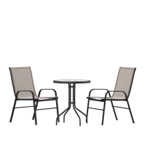 Flash Furniture TLH-0701303C-BN-GG 23.75" Round Tempered Glass Patio Table, 2 Brown Flex Comfort Stack Chairs, 3 Piece Set