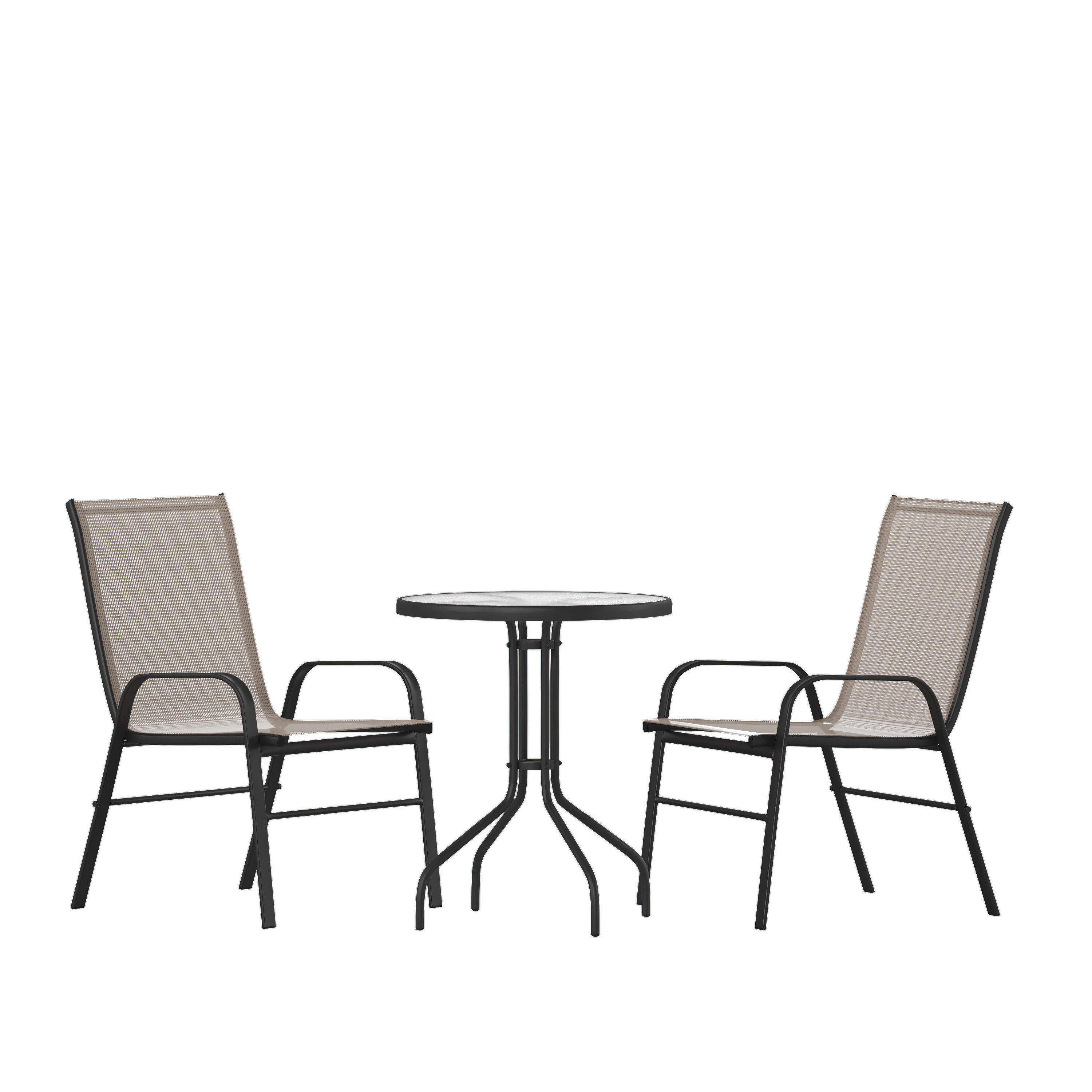 Flash Furniture TLH-0701303C-BN-GG 23.75" Round Tempered Glass Patio Table, 2 Brown Flex Comfort Stack Chairs, 3 Piece Set