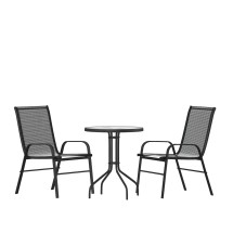 Flash Furniture TLH-0701303C-GG 23.75" Round Tempered Glass Patio Table, 2 Black Flex Comfort Stack Chairs, 3 Piece Set