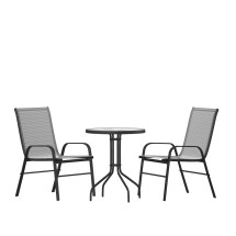 Flash Furniture TLH-0701303C-GY-GG 3.75" Round Tempered Glass Patio Table, 2 Gray Flex Comfort Stack Chairs, 3 Piece Set
