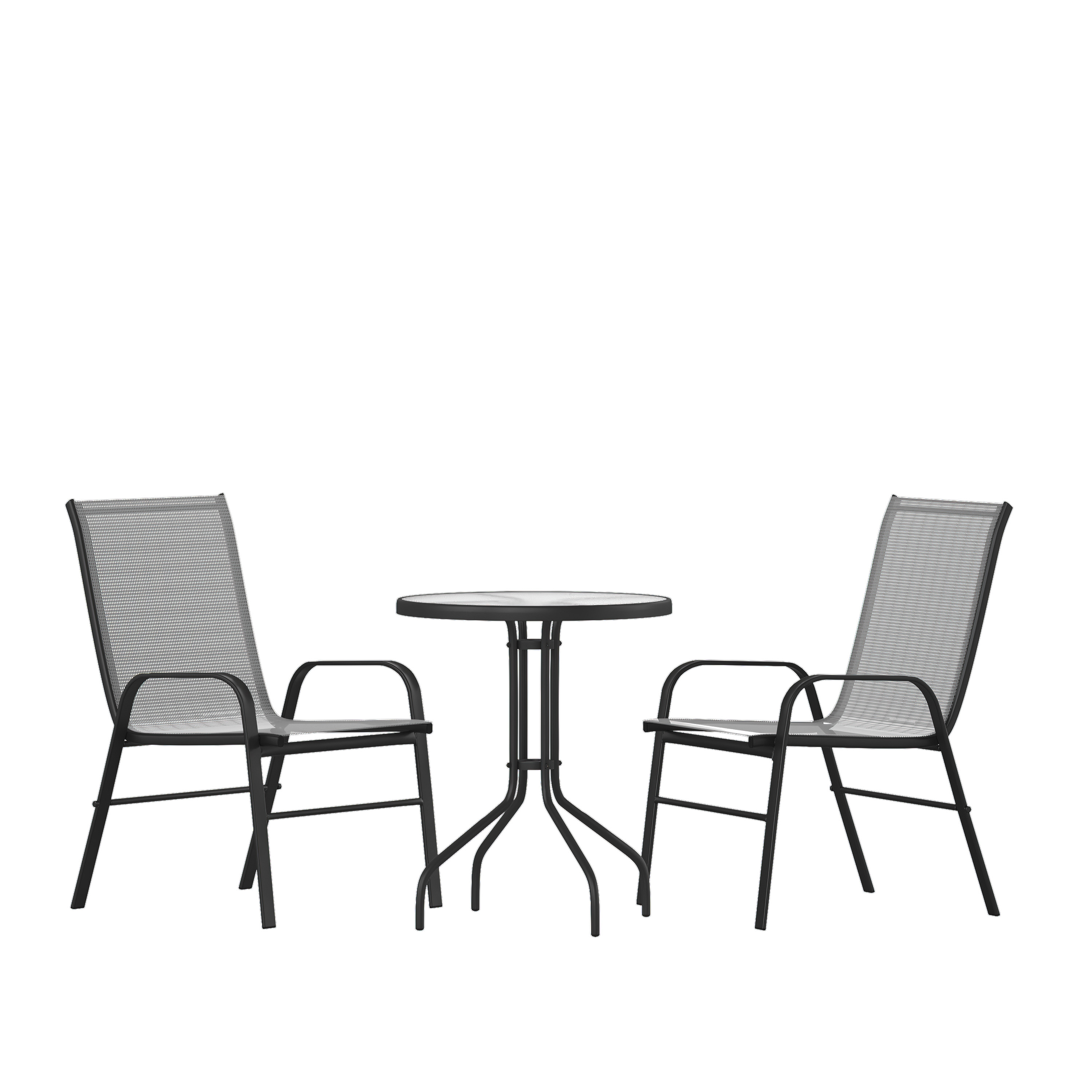 Flash Furniture TLH-0701303C-GY-GG 3.75" Round Tempered Glass Patio Table, 2 Gray Flex Comfort Stack Chairs, 3 Piece Set