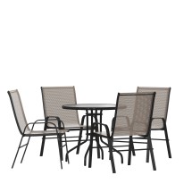 Flash Furniture TLH-0702303C-BN-GG 31.5" Round Tempered Glass Patio Table, 4 Brown Flex Comfort Stack Chairs, 5 Piece Set