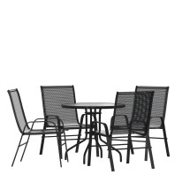 Flash Furniture TLH-0702303C-GG 31.5" Round Tempered Glass Patio Table, 4 Black Flex Comfort Stack Chairs, 5 Piece Set