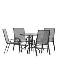 Flash Furniture TLH-0702303C-GY-GG 31.5" Round Tempered Glass Patio Table, 4 Gray Flex Comfort Stack Chairs, 5 Piece Set