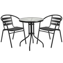 Flash Furniture TLH-071RD-017CBK2-GG 23.75'' Round Glass Top Patio Table, 2 Black Patio Aluminum Slat Stack Chairs, 3 Piece Set