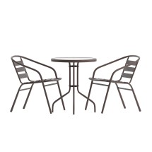 Flash Furniture TLH-071RD-017CBZ2-GG 23.75'' Round Glass Top Patio Table, 2 Bronze Aluminum Slat Stack Chairs, 3 Piece Set