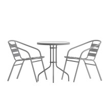 Flash Furniture TLH-071RD-017CSV2-GG 23.75'' Round Glass Top Patio Table, 2 Silver Aluminum Slat Stack Chairs, 3 Piece Set