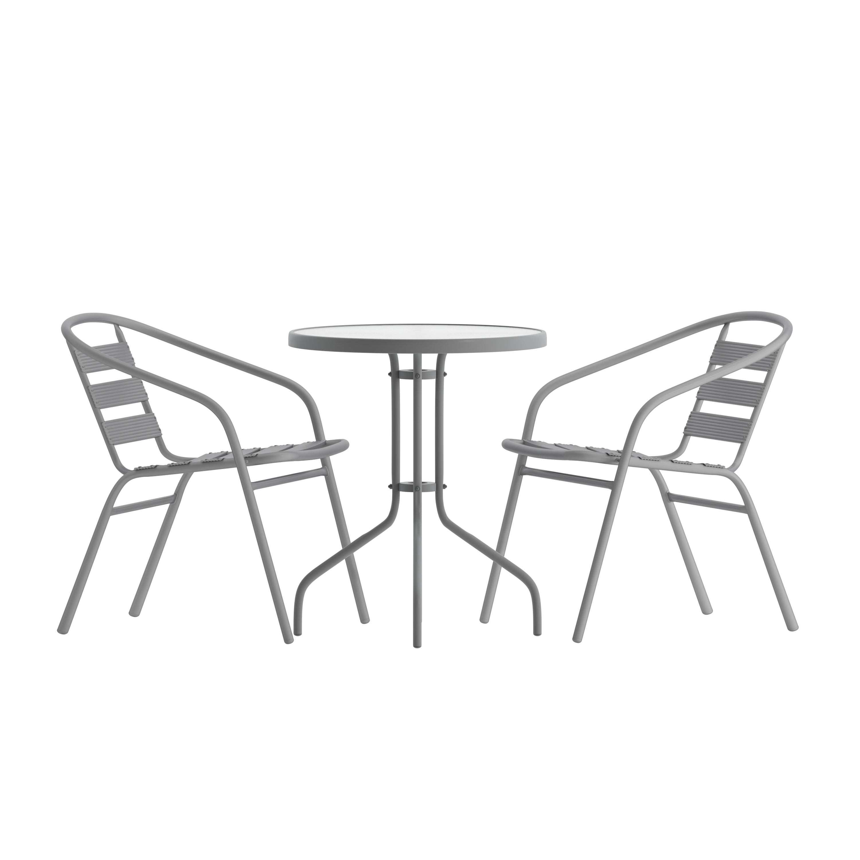 Flash Furniture TLH-071RD-017CSV2-GG 23.75'' Round Glass Top Patio Table, 2 Silver Aluminum Slat Stack Chairs, 3 Piece Set