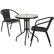 Flash Furniture TLH-071RD-037BK2-GG 23.75'' Round Glass Top Patio Table, 2 Black Rattan Stack Chairs, 3 Piece Set