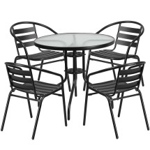 Flash Furniture TLH-072RD-017CBK4-GG 31.5'' Round Glass Top Patio Table, 4 Black Aluminum Slat Stack Chairs, 5 Piece Set