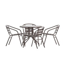 Flash Furniture TLH-072RD-017CBZ4-GG 31.5'' Round Glass Top Patio Table, 4 Bronze Aluminum Slat Stack Chairs, 5 Piece Set