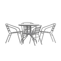 Flash Furniture TLH-072RD-017CSV4-GG 31.5'' Round Glass Top Patio Table, 4 Silver Aluminum Slat Stack Chairs, 5 Piece Set