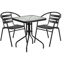Flash Furniture TLH-0731SQ-017CBK2-GG 23.5'' Square Glass Top Patio Table, 2 Black Aluminum Slat Stack Chairs, 3 Piece Set