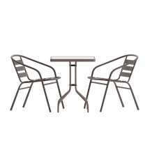 Flash Furniture TLH-0731SQ-017CBZ2-GG 23.5'' Square Glass Top Patio Table, 2 Bronze Aluminum Slat Stack Chairs, 3 Piece Set