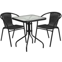 Flash Furniture TLH-0731SQ-037BK2-GG 23.5'' Square Glass Top Patio Table, 2 Black Rattan Stack Chairs, 3 Piece Set
