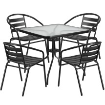 Flash Furniture TLH-0732SQ-017CBK4-GG 31.5'' Square Glass Top Patio Table, 4 Black Patio Aluminum Slat Stack Chairs, 5 Piece Set