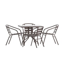 Flash Furniture TLH-0732SQ-017CBZ4-GG 31.5'' Square Glass Top Patio Table, 4 Bronze Aluminum Slat Stack Chairs, 5 Piece Set