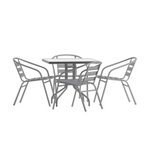 Flash Furniture TLH-0732SQ-017CSV4-GG 31.5'' Square Glass Top Patio Table, 4 Silver Aluminum Slat Stack Chairs, 5 Piece Set