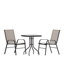Flash Furniture TLH-073A1303C-BN-GG 23.5" Square Tempered Glass Top Patio Table, 2 Brown Flex Comfort Stack Chairs, 3 Piece Set, 3 Piece Set