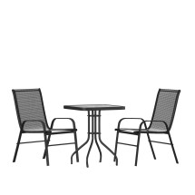 Flash Furniture TLH-073A1303C-GG 23.5" Square Tempered Glass Top Patio Table, 2 Black Flex Comfort Stack Chairs, 3 Piece Set, 3 Piece Set