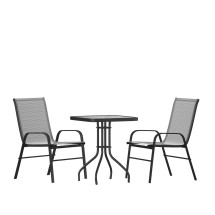 Flash Furniture TLH-073A1303C-GY-GG 23.5" Square Tempered Glass Top Patio Table, 2 Gray Flex Comfort Stack Chairs, 3 Piece Set, 3 Piece Set