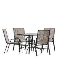 Flash Furniture TLH-073A2303C-BN-GG 31.5&quot; Square Tempered Glass Patio Table, 4 Brown Flex Comfort Stack Chairs, 5 Piece Set
