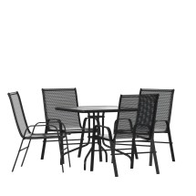 Flash Furniture TLH-073A2303C-GG31.5" Square Tempered Glass Patio Table, 4 Black Flex Comfort Stack Chairs, 5 Piece Set