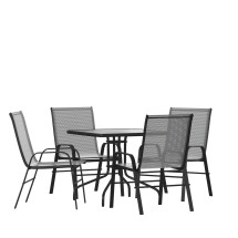 Flash Furniture TLH-073A2303C-GY-GG 31.5&quot; Square Tempered Glass Patio Table, 4 Gray Flex Comfort Stack Chairs, 5 Piece Set