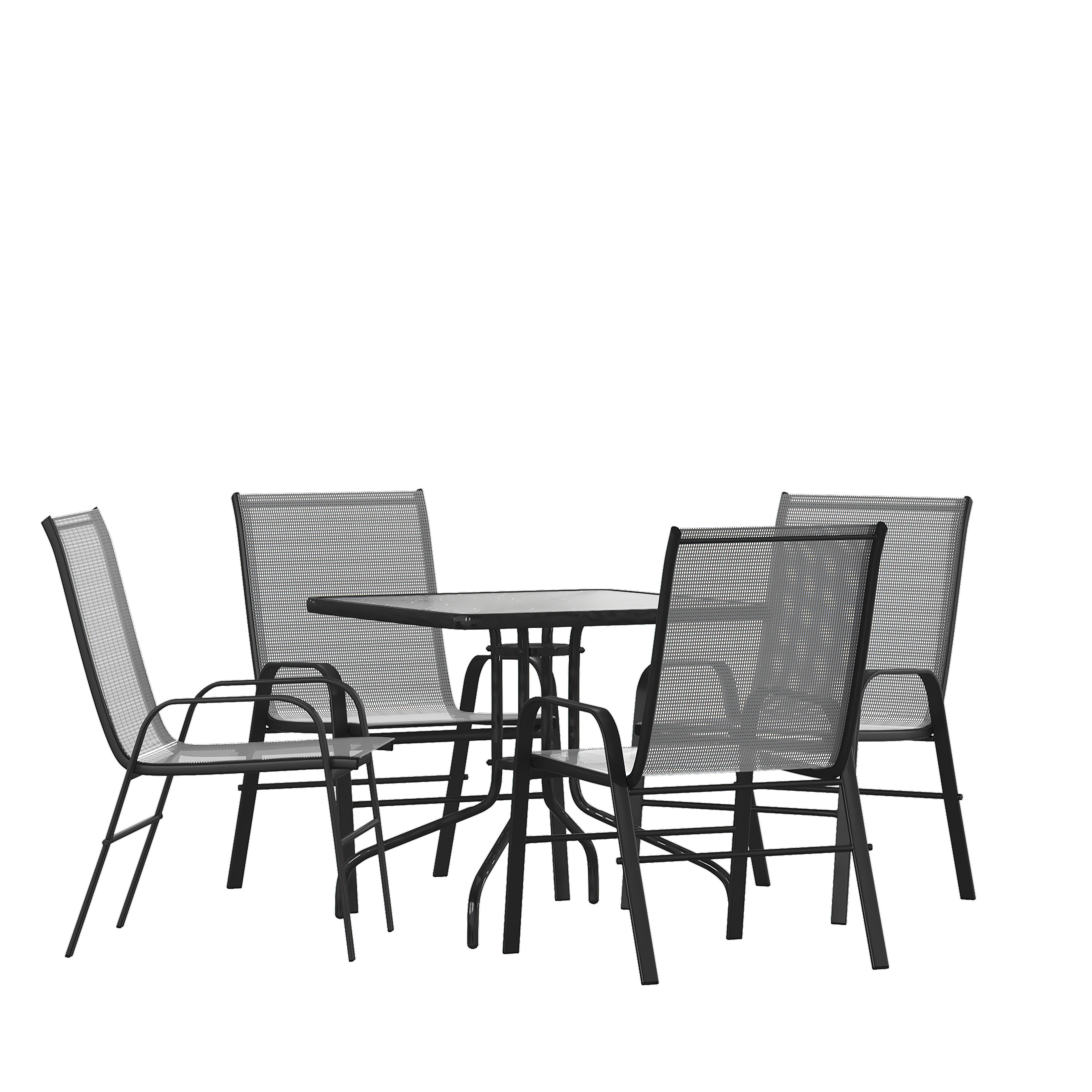 Flash Furniture TLH-073A2303C-GY-GG 31.5" Square Tempered Glass Patio Table, 4 Gray Flex Comfort Stack Chairs, 5 Piece Set