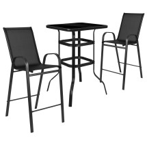 Flash Furniture TLH-073H092H-B-GG Outdoor Square Glass Bar Table with Black All-Weather Patio Stools, 3 Piece Set