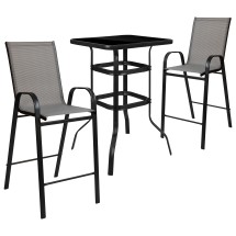 Flash Furniture TLH-073H092H-GR-GG Outdoor Square Glass Bar Table with Gray All-Weather Patio Stools, 3 Piece Set