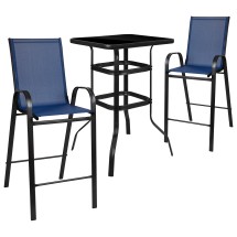 Flash Furniture TLH-073H092H-NV-GG Outdoor Square Glass Bar Table with Navy All-Weather Patio Stools, 3 Piece Set